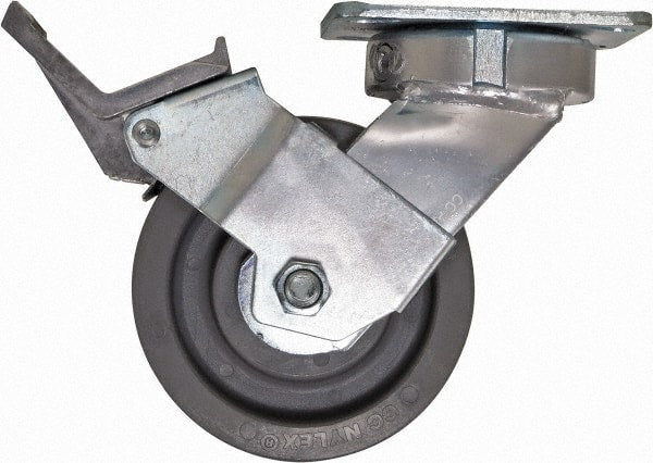 Caster Connection - 5" Diam x 2" Wide x 6-1/2" OAH Top Plate Mount Swivel Caster with Brake - Nylon, 1,250 Lb Capacity, Sealed Precision Ball Bearing, 4 x 4-1/2" Plate - Exact Tooling