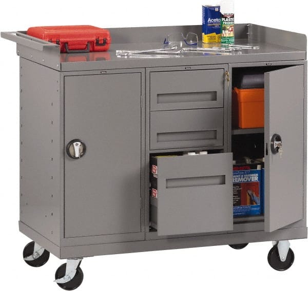 Tennsco - 1,000 Lb Capacity, 2 Shelf, 2 Door Mobile Bench - 45" Wide x 25" Deep x 43" High, Steel - Exact Tooling
