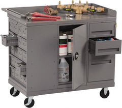 Tennsco - 1,000 Lb Capacity, 1 Shelf, 3 Drawer, 20 Bin, 1 Door Mobile Bench - 45" Wide x 25" Deep x 43" High, Steel - Exact Tooling