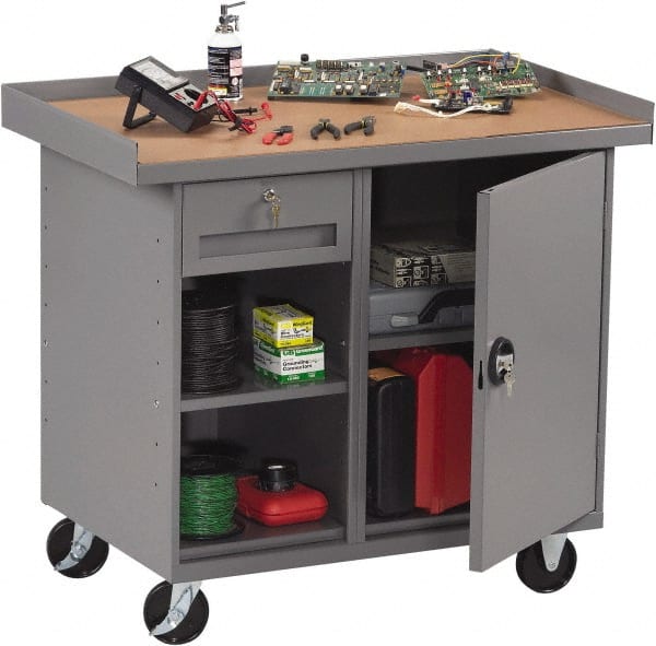 Tennsco - 1,000 Lb Capacity, 2 Shelf, 4 Drawer, 1 Door Mobile Bench - 42" Wide x 25" Deep x 36-1/2" High, Steel - Exact Tooling
