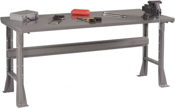 Tennsco - 72 Wide x 30" Deep x 33-1/2" High, 12 Gauge Steel Workbench - Fixed Flared Legs, Medium Gray - Exact Tooling
