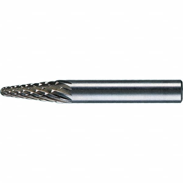 PFERD - 1/4" Cut Diam, 1/4" Shank Diam, 14° Taper Head Diamond Cut Burr - Tungsten Carbide, 5/8" LOC, 1-15/16" OAL - Exact Tooling