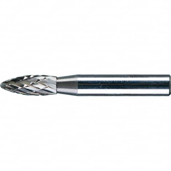 PFERD - 1/4" Cut Diam, 1/4" Shank Diam, Flame Head Double Cut Burr - Tungsten Carbide, 5/8" LOC, 1-15/16" OAL - Exact Tooling
