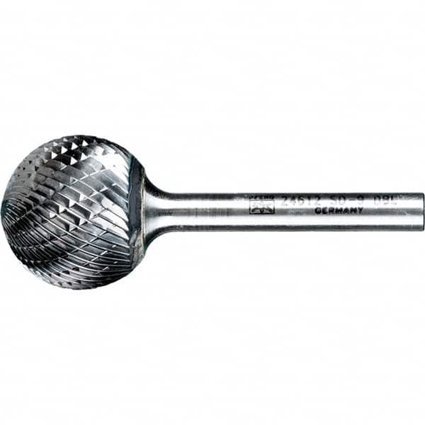 PFERD - 1" Cut Diam, 1/4" Shank Diam, Ball Head Double Cut Burr - Tungsten Carbide, 5/16" LOC, 2-1/16" OAL - Exact Tooling