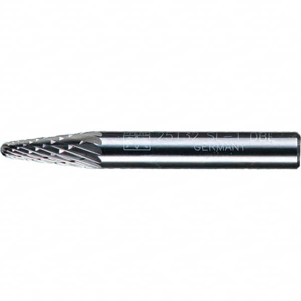 PFERD - 1/4" Cut Diam, 1/4" Shank Diam, 14° Taper Head Double Cut Burr - Tungsten Carbide, 5/8" LOC, 1-15/16" OAL - Exact Tooling