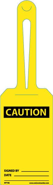 NMC - 11-1/4" High x 3-1/4" Long, CAUTION - SIGNED BY ______ DATE _____, English Safety & Facility Tag - Tag Header: CAUTION, 1 Side, White Unrippable Vinyl - Exact Tooling