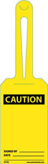 NMC - 11-1/4" High x 3-1/4" Long, CAUTION - SIGNED BY ______ DATE _____, English Safety & Facility Tag - Tag Header: CAUTION, 1 Side, White Unrippable Vinyl - Exact Tooling
