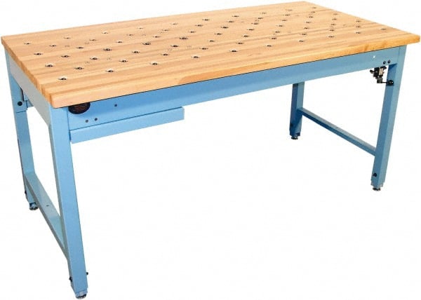 Proline - 1 Drawer, Retractable Ball Transfer Station - 800 Lb Capacity, Solid Maple Top, Light Blue, 60" Wide x 36" High x 30" Long - Exact Tooling