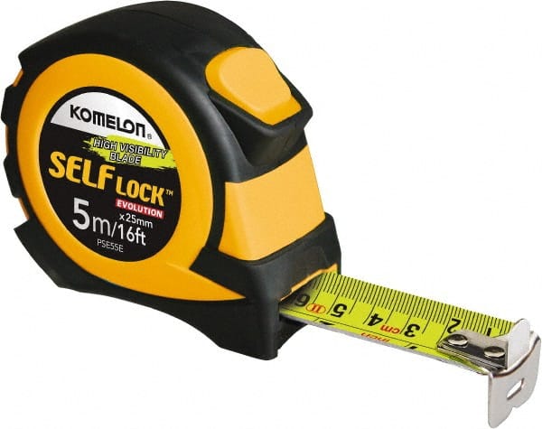 Komelon - 16' x 25mm Yellow Steel Blade Tape Measure - 5mm Graduation, Inch/Metric Graduation Style, Yellow/Black ABS Plastic Case - Exact Tooling