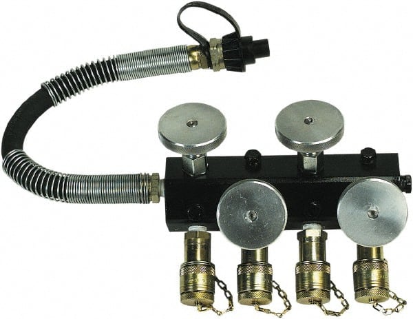 TK Simplex - 3/8" Inlet, 3/8" Outlet Manifold - 9" Long x 3-1/2" Wide x 3" High, 10,000 Max PSI, 1 Inlet Port, 4 Outlet Ports - Exact Tooling