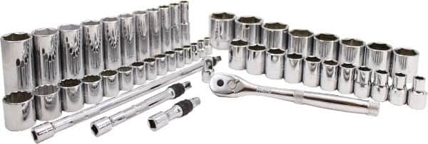 Proto - 50 Piece 3/8" & 1/2" Drive Chrome Finish Deep Well Socket Set - 6, 12 Points, 5/16" to 1-1/2" Range, Inch Measurement Standard - Exact Tooling