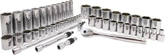Proto - 50 Piece 3/8" & 1/2" Drive Chrome Finish Deep Well Socket Set - 6, 12 Points, 5/16" to 1-1/2" Range, Inch Measurement Standard - Exact Tooling