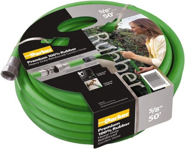 Parker - 100' Long Garden Hose - 5/8" Diam, 3/4" GHT, Rubber, 125 psi, Green - Exact Tooling