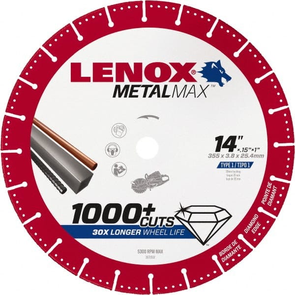 Lenox - 14" 25/30 Grit Diamond Cutoff Wheel - 0.15" Thick, 1" Arbor, 5,300 Max RPM, Use with Gas Powered Saws - Exact Tooling