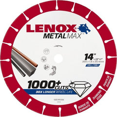 Lenox - 14" 25/30 Grit Diamond Cutoff Wheel - 0.13" Thick, 1" Arbor, 4,300 Max RPM, Use with Stationary Tools - Exact Tooling