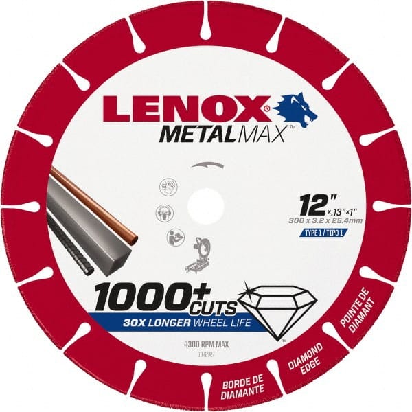 Lenox - 12" 25/30 Grit Diamond Cutoff Wheel - 0.126" Thick, 1" Arbor, 4,300 Max RPM, Use with Stationary Tools - Exact Tooling