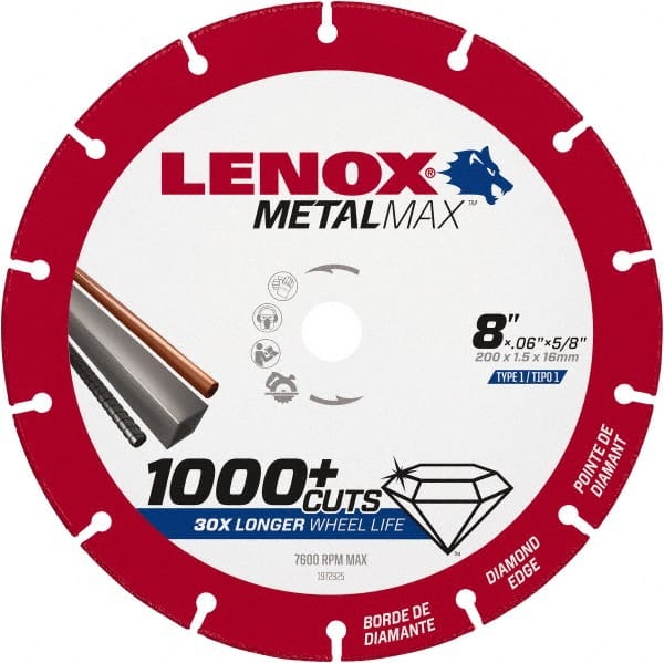Lenox - 8" 40/50 Grit Diamond Cutoff Wheel - 0.06" Thick, 5/8" Arbor, 7,600 Max RPM, Use with Circular Saws - Exact Tooling