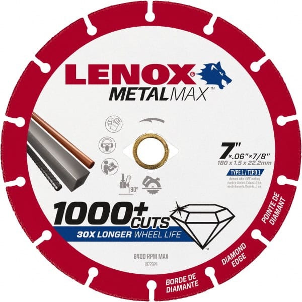 Lenox - 7" 40/50 Grit Diamond Cutoff Wheel - 0.06" Thick, 7/8" Arbor, 8,400 Max RPM, Use with Angle Grinders - Exact Tooling