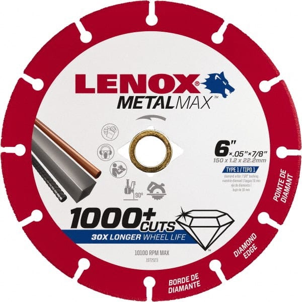 Lenox - 6" 40/50 Grit Diamond Cutoff Wheel - 0.05" Thick, 7/8" Arbor, 10,100 Max RPM, Use with Angle Grinders - Exact Tooling