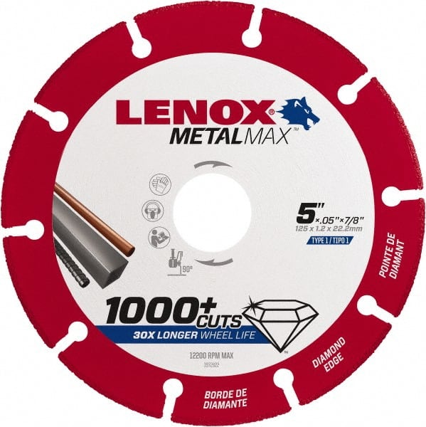 Lenox - 5" 40/50 Grit Diamond Cutoff Wheel - 0.05" Thick, 7/8" Arbor, 12,200 Max RPM, Use with Angle Grinders - Exact Tooling