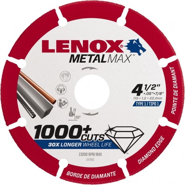 Lenox - 4-1/2" 40/50 Grit Diamond Cutoff Wheel - 0.05" Thick, 7/8" Arbor, 13,200 Max RPM, Use with Angle Grinders - Exact Tooling