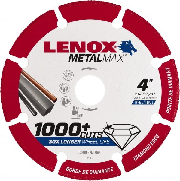 Lenox - 4" 40/50 Grit Diamond Cutoff Wheel - 0.05" Thick, 5/8" Arbor, 15,200 Max RPM, Use with Angle Grinders - Exact Tooling