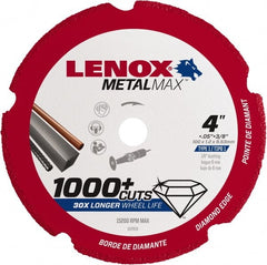 Lenox - 4" 40/50 Grit Diamond Cutoff Wheel - 0.05" Thick, 3/8" Arbor, 15,200 Max RPM, Use with Die Grinders - Exact Tooling