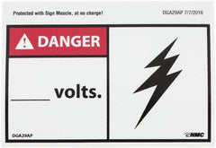 NMC - Accident Prevention Label, Header: DANGER - Legend: Danger - ____ Volts, English, Red, Black & White, 5" Long x 3" High, Sign Muscle Finish - Exact Tooling