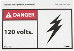 NMC - Accident Prevention Label, Header: DANGER - Legend: Danger - 120 Volts, English, Red, Black & White, 5" Long x 3" High, Sign Muscle Finish - Exact Tooling