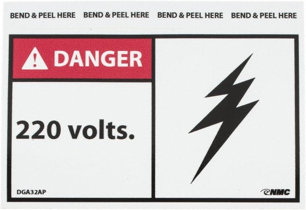 NMC - Accident Prevention Label, Header: DANGER - Legend: Danger - 20 Volts, English, Red, Black & White, 5" Long x 3" High, Sign Muscle Finish - Exact Tooling