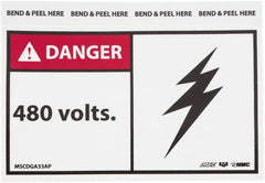 NMC - Accident Prevention Label, Header: DANGER - Legend: Danger - 480 Volts, English, Red, Black & White, 5" Long x 3" High, Sign Muscle Finish - Exact Tooling