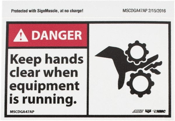 NMC - Accident Prevention Label, Header: DANGER - Legend: Danger - Keep Hands Clear When Equipment Is Running, English, Red, Black & White, 5" Long x 3" High, Sign Muscle Finish - Exact Tooling