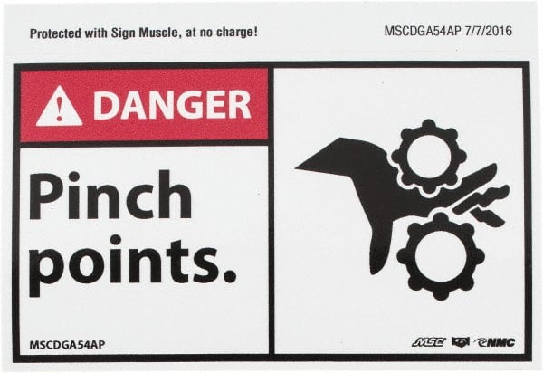 NMC - Accident Prevention Label, Header: DANGER - Legend: Danger - Pinch Points, English, Red, Black & White, 5" Long x 3" High, Sign Muscle Finish - Exact Tooling