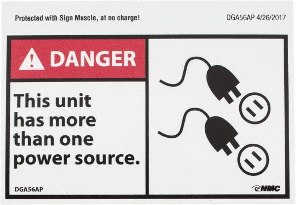NMC - Accident Prevention Label, Header: DANGER - Legend: Danger - This Unit Has More Than One Power Source, English, Red, Black & White, 5" Long x 3" High, Sign Muscle Finish - Exact Tooling