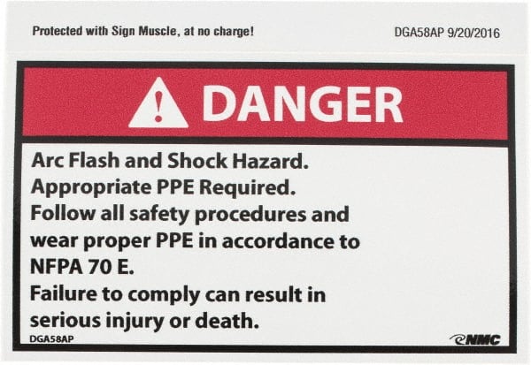 NMC - Accident Prevention Label, Header: DANGER - Legend: Danger - Arc Flash and Shock Hazard - Appropriate Pipe Required - Follow All Safety Procedures and Wear Proper PPE..., English, Red, Black & White, 5" Long x 3" High, Sign Muscle Finish - Exact Tooling