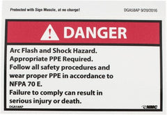 NMC - Accident Prevention Label, Header: DANGER - Legend: Danger - Arc Flash and Shock Hazard - Appropriate Pipe Required - Follow All Safety Procedures and Wear Proper PPE..., English, Red, Black & White, 5" Long x 3" High, Sign Muscle Finish - Exact Tooling