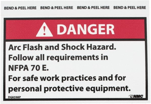 NMC - Accident Prevention Label, Header: DANGER - Legend: Danger - Arc Flash and Shock Hazard - Follow All Requirements in NFPA 70e for Safe Work Practices and for Personal..., English, Red, Black & White, 5" Long x 3" High, Sign Muscle Finish - Exact Tooling