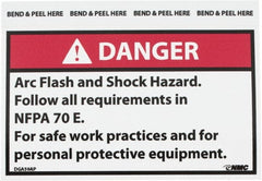 NMC - Accident Prevention Label, Header: DANGER - Legend: Danger - Arc Flash and Shock Hazard - Follow All Requirements in NFPA 70e for Safe Work Practices and for Personal..., English, Red, Black & White, 5" Long x 3" High, Sign Muscle Finish - Exact Tooling