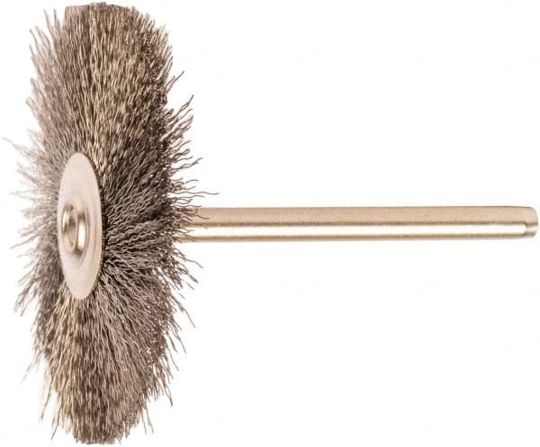 Weiler - 1-1/2" OD, 1/8" Shank Diam, Stainless Steel Wheel Brush - 1/2" Trim Length, 0.005" Filament Diam, 25,000 RPM - Exact Tooling