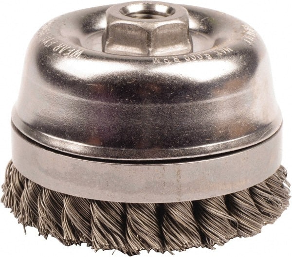 Weiler - 4" Diam, 5/8-11 Threaded Arbor, Steel Fill Cup Brush - 0.02 Wire Diam, 7/8" Trim Length, 9,000 Max RPM - Exact Tooling