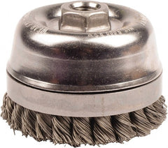 Weiler - 4" Diam, 5/8-11 Threaded Arbor, Steel Fill Cup Brush - 0.02 Wire Diam, 7/8" Trim Length, 9,000 Max RPM - Exact Tooling