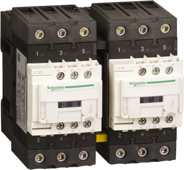 Schneider Electric - 3 Pole, 120 Coil VAC at 50 Hz and 120 Coil VAC at 60 Hz, 40 Amp, IEC Contactor - 1 Phase hp: 3 hp (115), 5 hp (230/240), 3 Phase hp: 10 hp (200/208), 10 hp (230/240), 30 hp (460/480), 30 hp (575/600) - Exact Tooling