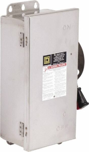 Square D - 30 Amp, 600 VAC/VDC, 3 Pole Fused Safety Switch - NEMA 12, 3, 3R, 4 & 4X, 7.5 hp at 480 VAC, 5 hp at 250 VDC (Single Phase), 20 hp at 600 VAC, 10 hp at 600 VDC (Triple Phase), 3PST Contact Form - Exact Tooling