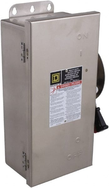 Square D - 30 Amp, 600 VAC/VDC, 3 Pole Fused Safety Switch - NEMA 12, 3, 3R, 4 & 4X, 7.5 hp at 480 VAC, 5 hp at 250 VDC (Single Phase), 20 hp at 600 VAC, 10 hp at 600 VDC (Triple Phase), 3PST Contact Form - Exact Tooling
