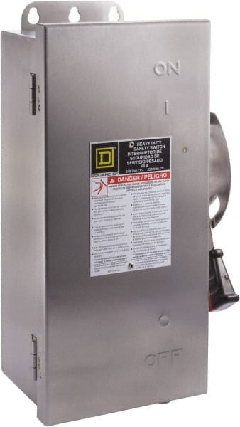 Square D - 60 Amp, 240 VAC, 250 VDC, 2 Pole Fused Safety Switch - NEMA 12, 3, 3R, 4 & 4X, 10 hp at 240 VAC, 10 hp at 250 VDC (Single Phase), 15 hp at 240 VAC, 10 hp at 250 VDC (Triple Phase), DPST Contact Form - Exact Tooling