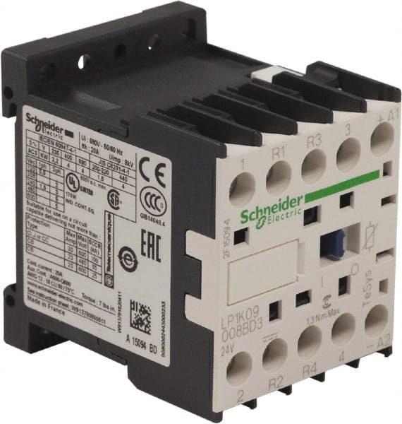 Schneider Electric - 4 Pole, 24 Coil VDC, 16 Amp at 690 VAC and 20 Amp at 440 VAC, Nonreversible IEC Contactor - BS 5424, CSA, IEC 60947, NF C 63-110, RoHS Compliant, UL Listed, VDE 0660 - Exact Tooling