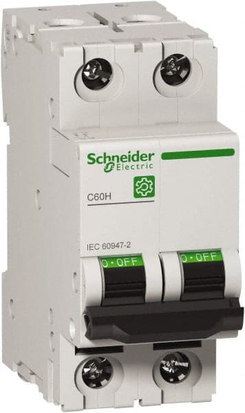 Schneider Electric - 10 Amp, 440 VAC, 2 Pole, DIN Rail Mounted Miniature Circuit Breaker - Magnetic Trip, Multiple Breaking Capacity Ratings, 18-4 AWG, 76mm Deep x 81mm High x 36mm Wide - Exact Tooling