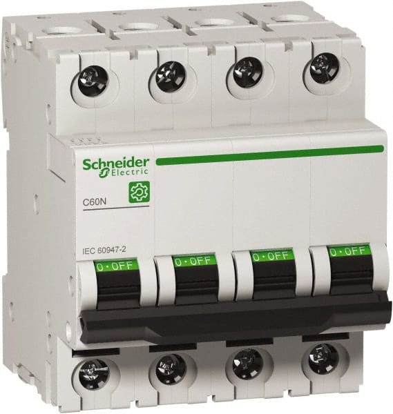 Schneider Electric - 40 Amp, 440 VAC, 4 Pole, DIN Rail Mounted Miniature Circuit Breaker - Magnetic Trip, Multiple Breaking Capacity Ratings, 18-2 AWG, 76mm Deep x 81mm High x 72mm Wide - Exact Tooling