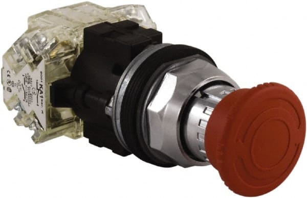 Schneider Electric - Extended Mushroom Head Pushbutton Switch Emergency Stop - Red, Round Button - Exact Tooling