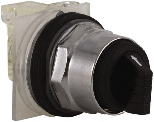 Schneider Electric - 30mm Mount Hole, 3 Position, Knob and Pushbutton Operated, Selector Switch - Black, Maintained (MA), NO/NC, Weatherproof and Dust and Oil Resistant - Exact Tooling